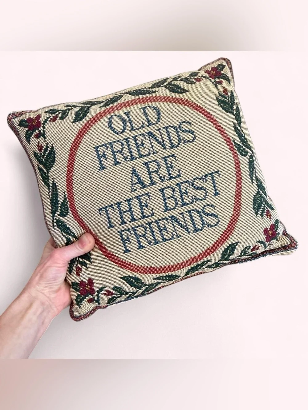 Vintage Beige Needlepoint Accent Pillow with Floral Accents 🥀